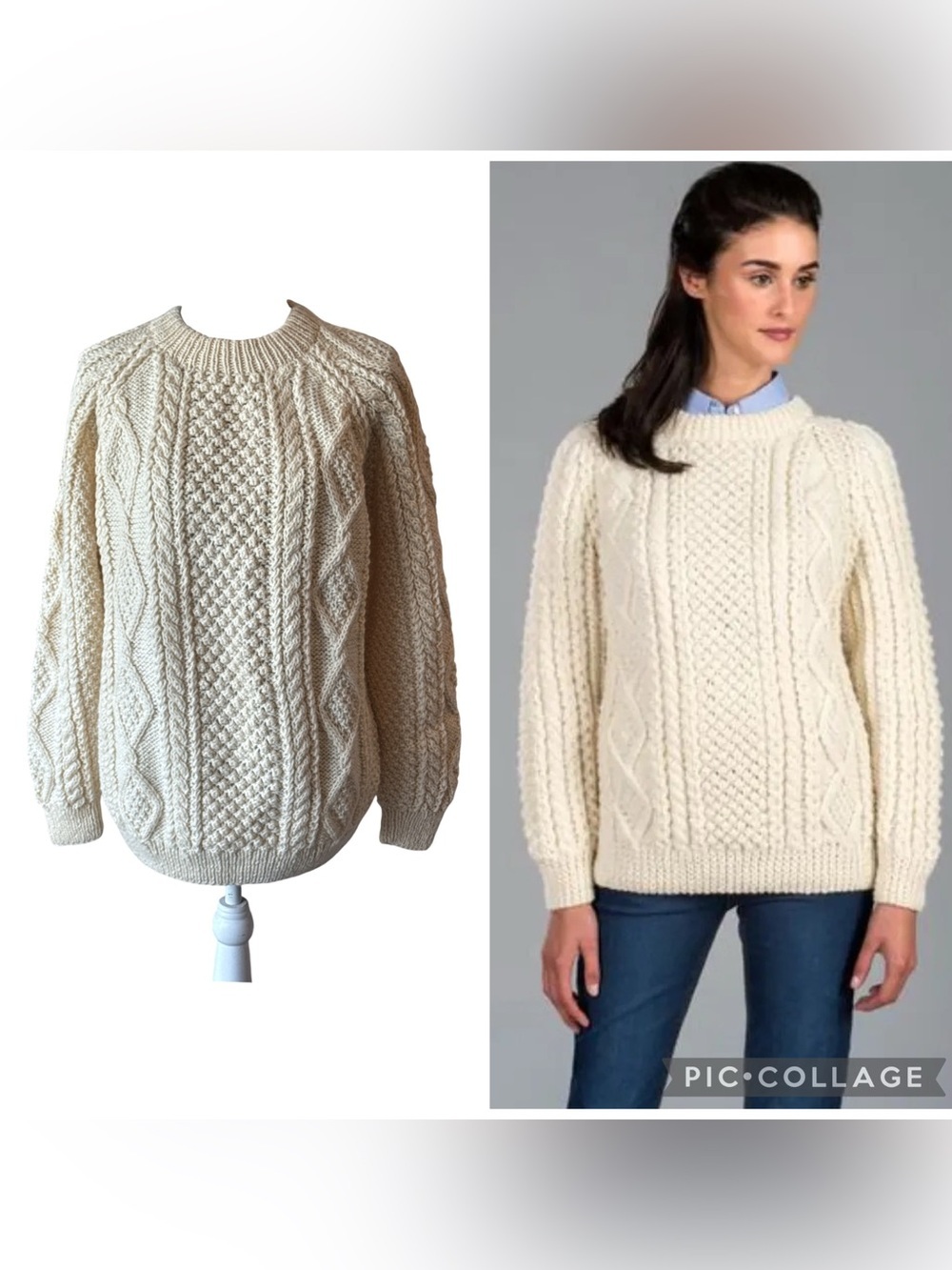 Blarney Woollen Mills Irish Aran Wool Ivory Fisherman Sweater Size L
